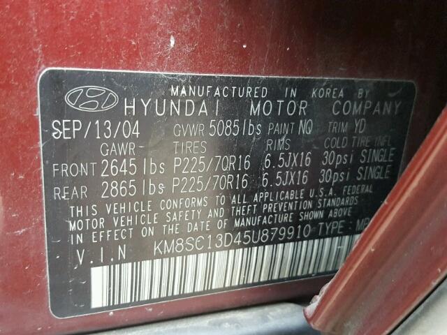 KM8SC13D45U879910 - 2005 HYUNDAI SANTA FE G RED photo 10