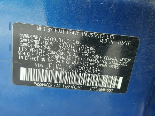 JF1VA1L62H9824345 - 2017 SUBARU WRX LIMITE BLUE photo 10