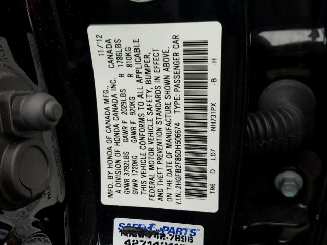 2HGFB2F86DH506674 - 2013 HONDA CIVIC EX BLACK photo 10