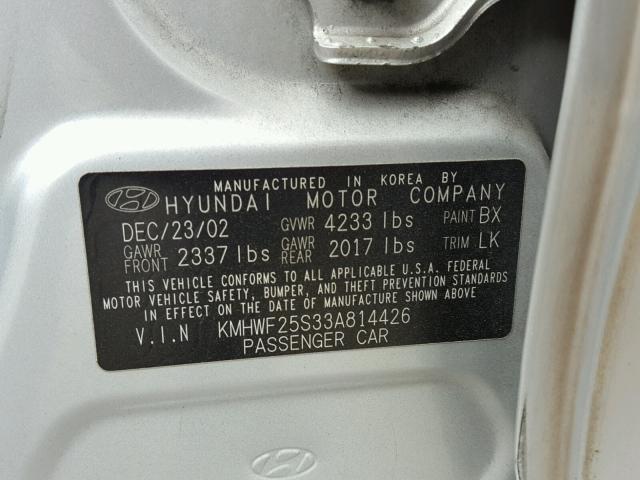 KMHWF25S33A814426 - 2003 HYUNDAI SONATA GL SILVER photo 10