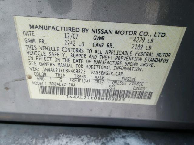 1N4AL21E08N469823 - 2008 NISSAN ALTIMA 2.5 GRAY photo 10