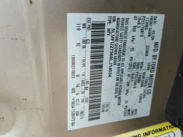 5LMFU27568LJ14034 - 2008 LINCOLN NAVIGATOR GOLD photo 10