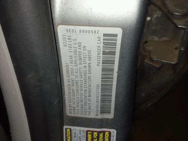 WVWPD63B24E037398 - 2004 VOLKSWAGEN PASSAT GLS GRAY photo 10