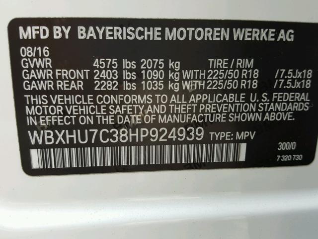WBXHU7C38HP924939 - 2017 BMW X1 SDRIVE2 WHITE photo 10