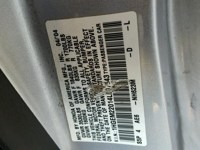 1HGEM22014L057543 - 2004 HONDA CIVIC EX SILVER photo 10