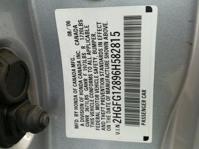 2HGFG12896H582815 - 2006 HONDA CIVIC EX SILVER photo 10