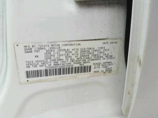 JTEGH20V120070409 - 2002 TOYOTA RAV4 WHITE photo 10