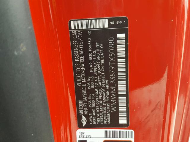 WMWML33579TX50280 - 2009 MINI COOPER CLU RED photo 10