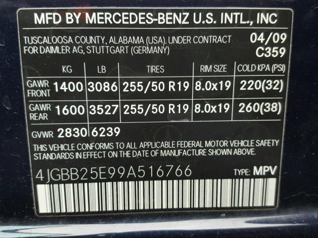 4JGBB25E99A516766 - 2009 MERCEDES-BENZ ML BLUE photo 10