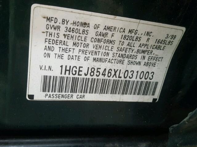 1HGEJ8546XL031003 - 1999 HONDA CIVIC EX GREEN photo 10