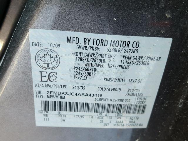 2FMDK3JC4ABA43418 - 2010 FORD EDGE SEL GRAY photo 10