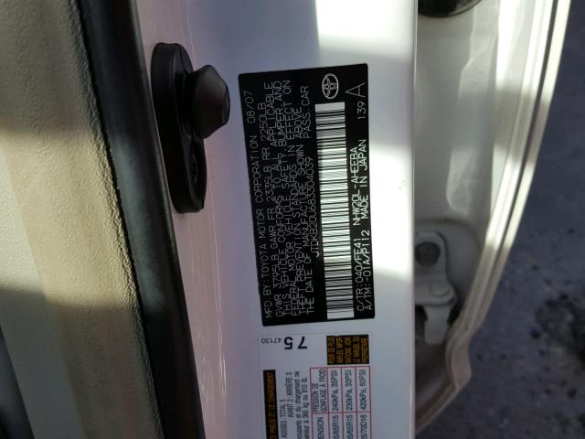 JTDKB20U683304039 - 2008 TOYOTA PRIUS WHITE photo 10