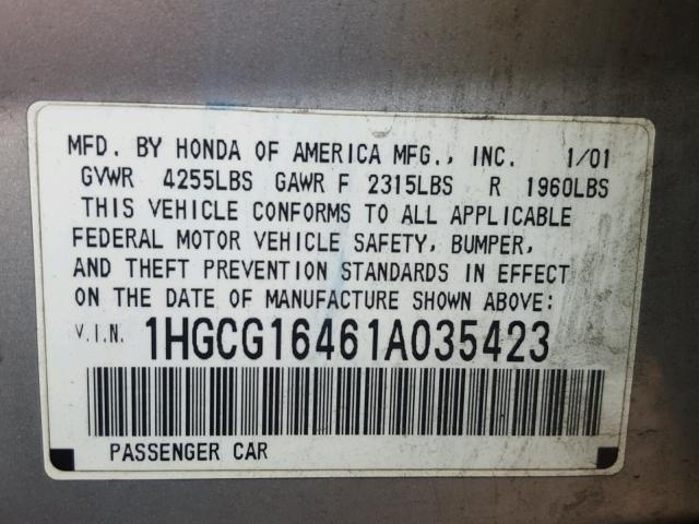 1HGCG16461A035423 - 2001 HONDA ACCORD LX SILVER photo 10