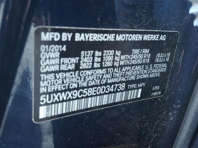 5UXWX9C58E0D34738 - 2014 BMW X3 XDRIVE2 BLUE photo 10