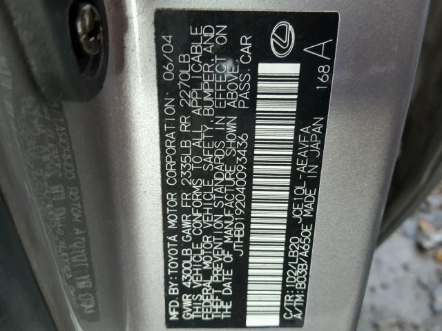 JTHBD192040093436 - 2004 LEXUS IS 300 SILVER photo 10