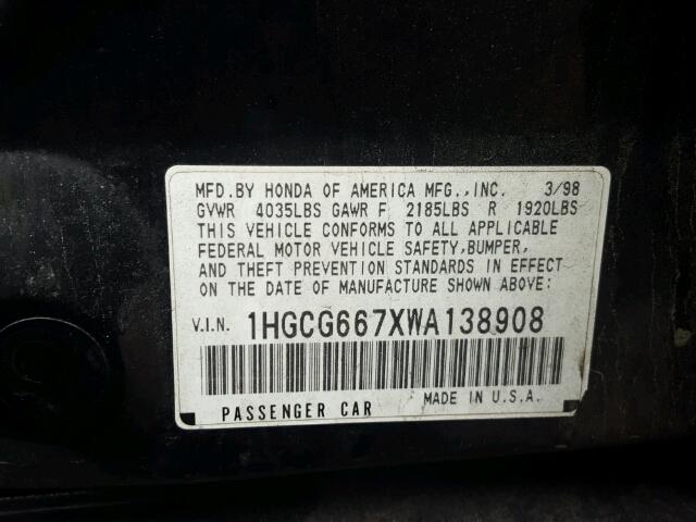 1HGCG667XWA138908 - 1998 HONDA ACCORD EX BLACK photo 10