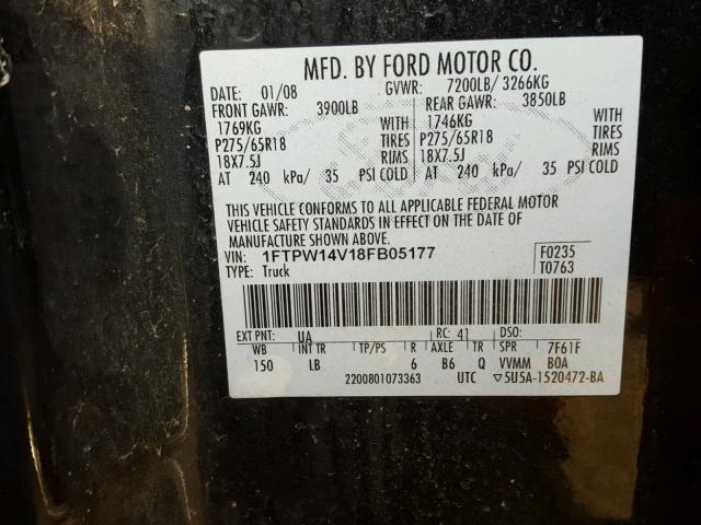 1FTPW14V18FB05177 - 2008 FORD F150 SUPER BLACK photo 10