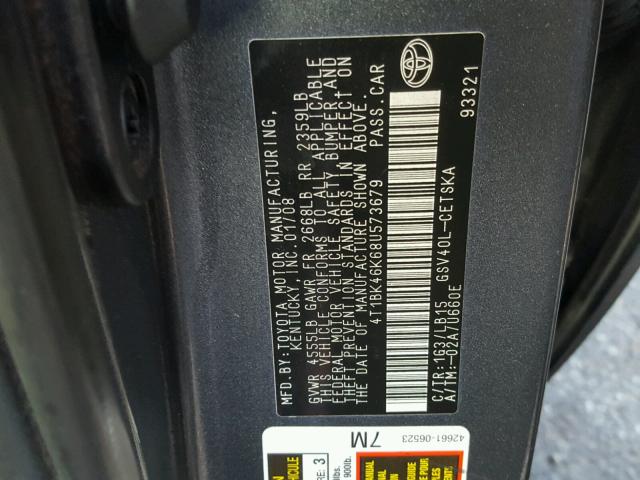 4T1BK46K68U573679 - 2008 TOYOTA CAMRY LE CHARCOAL photo 10