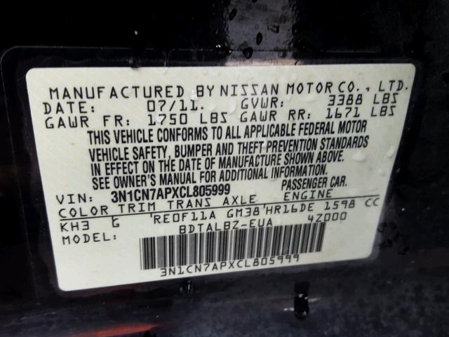 3N1CN7APXCL805999 - 2012 NISSAN VERSA S BLACK photo 10