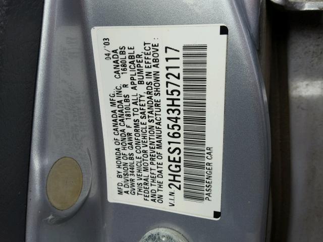 2HGES16543H572117 - 2003 HONDA CIVIC LX SILVER photo 10