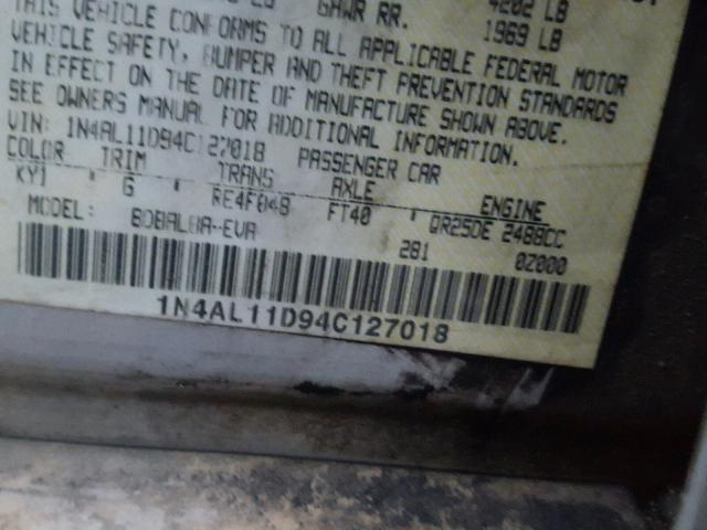 1N4AL11D94C127018 - 2004 NISSAN ALTIMA BAS SILVER photo 10