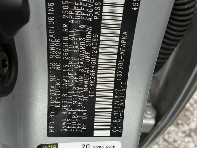 4T1BK36B46U124086 - 2006 TOYOTA AVALON XL SILVER photo 10