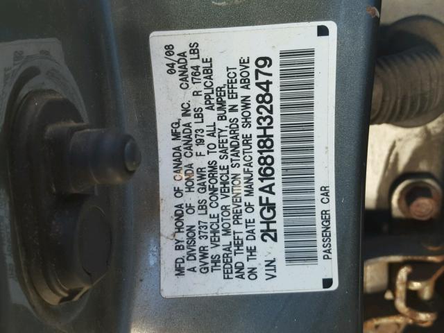 2HGFA16818H328479 - 2008 HONDA CIVIC EX SILVER photo 10