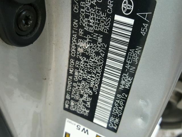 JTDKB20U853074712 - 2005 TOYOTA PRIUS SILVER photo 10