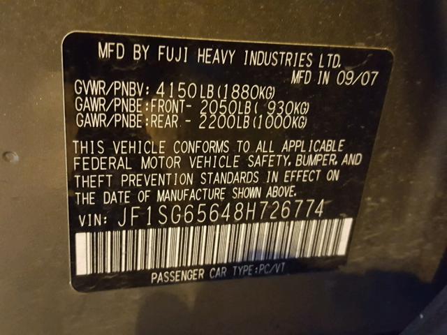 JF1SG65648H726774 - 2008 SUBARU FORESTER 2 GOLD photo 10