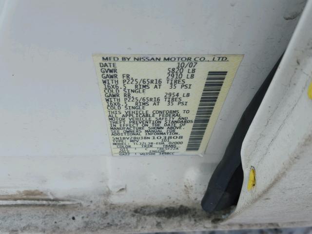 5N1BV28U38N103808 - 2008 NISSAN QUEST S WHITE photo 10