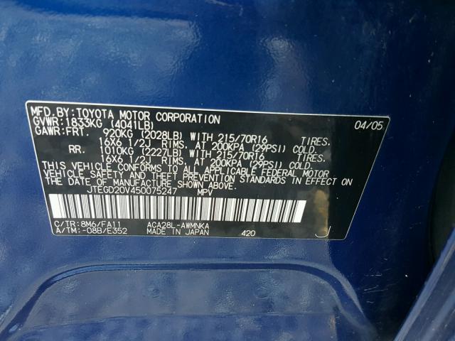 JTEGD20V450075247 - 2005 TOYOTA RAV4 BLUE photo 10