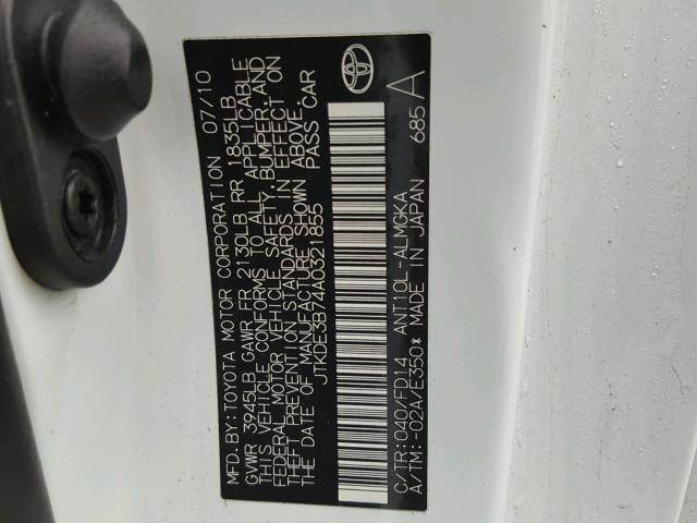 JTKDE3B74A0321855 - 2010 TOYOTA SCION TC 白色 照片 10