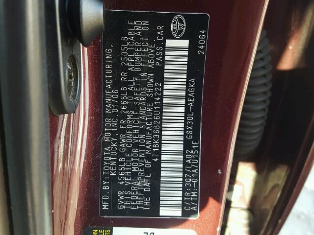 4T1BK36B26U114222 - 2006 TOYOTA AVALON XL BURGUNDY photo 10