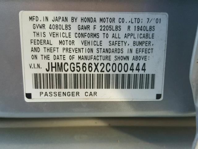 JHMCG566X2C000444 - 2002 HONDA ACCORD EX SILVER photo 10