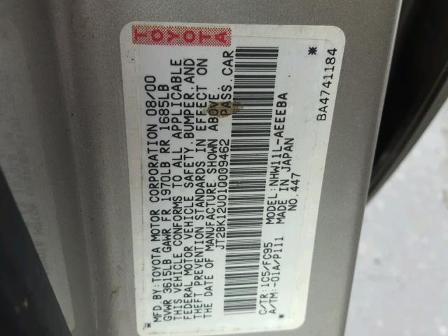 JT2BK12U010009462 - 2001 TOYOTA PRIUS SILVER photo 10