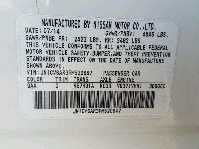 JN1CV6AR3FM520647 - 2015 INFINITI Q40 WHITE photo 10