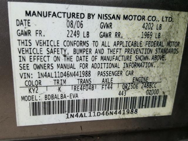 1N4AL11D46N441988 - 2006 NISSAN ALTIMA S BEIGE photo 10