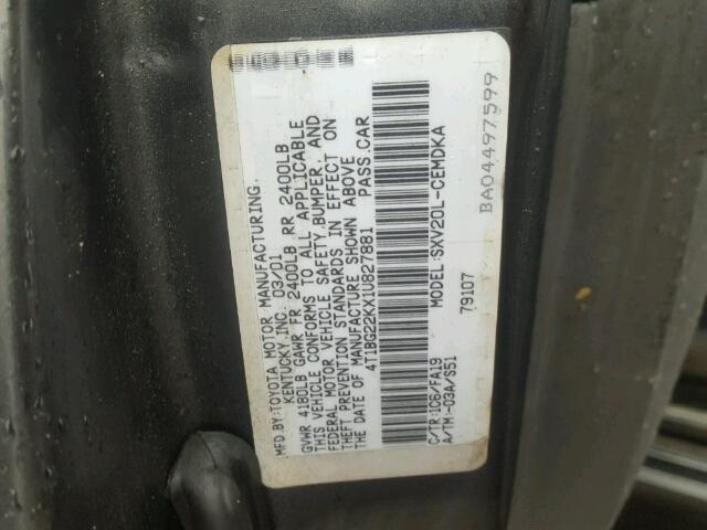 4T1BG22KX1U827881 - 2001 TOYOTA CAMRY CE BLACK photo 10