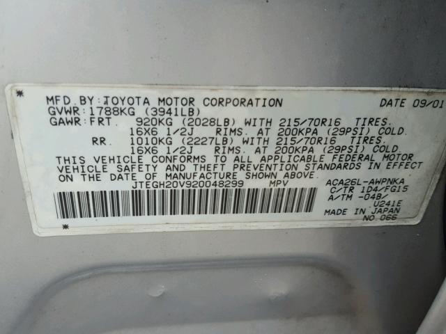 JTEGH20V920048299 - 2002 TOYOTA RAV4 SILVER photo 10