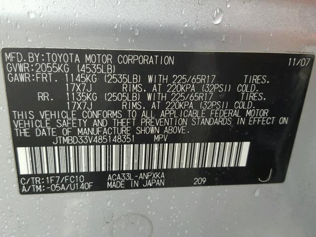 JTMBD33V485148351 - 2008 TOYOTA RAV4 SILVER photo 10