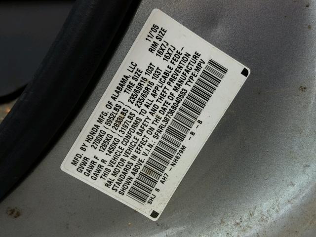 5FNRL38736B040553 - 2006 HONDA ODYSSEY EX SILVER photo 10