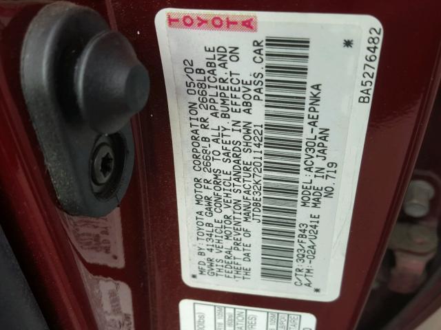 JTDBE32K720114221 - 2002 TOYOTA CAMRY LE RED photo 10