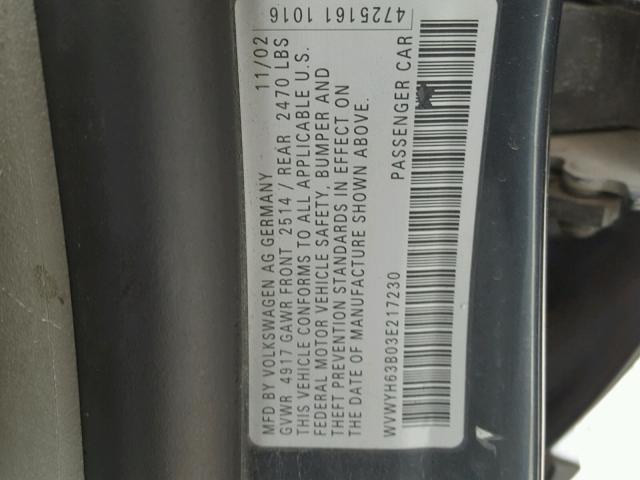 WVWYH63B03E217230 - 2003 VOLKSWAGEN PASSAT GLX 蓝色 照片 10