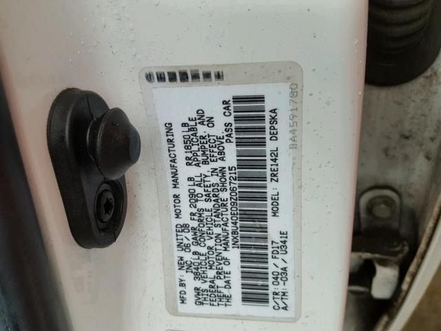 1NXBU40E09Z067215 - 2009 TOYOTA COROLLA BA WHITE photo 10