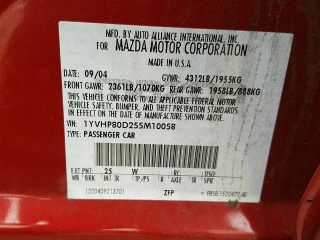 1YVHP80D255M10058 - 2005 MAZDA 6 S Bordeaux Foto 10