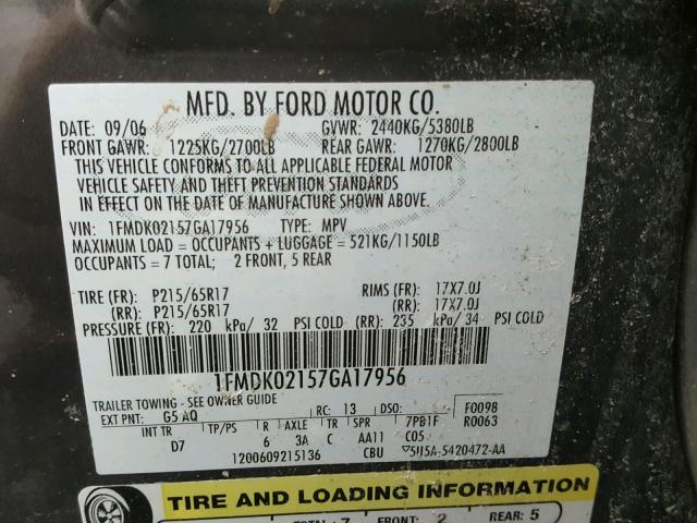 1FMDK02157GA17956 - 2007 FORD FREESTYLE BLACK photo 10