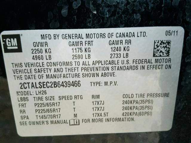 2CTALSEC2B6439466 - 2011 GMC TERRAIN SL BLACK photo 10