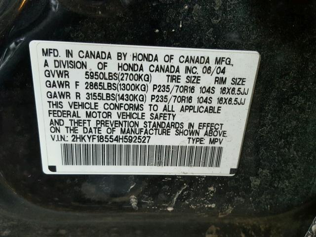 2HKYF18554H592527 - 2004 HONDA PILOT EXL BLACK photo 10