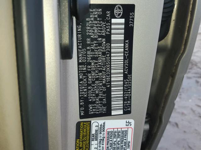 4T1BE32K65U047300 - 2005 TOYOTA CAMRY LE ოქროსფერი ფოტო 10