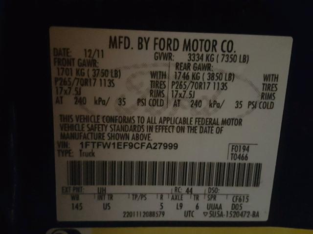 1FTFW1EF9CFA27999 - 2012 FORD F150 SUPER BLACK photo 10